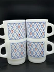 Vintage Termo Rey Milk Glass Stacking Mug Flowers Brazil Retro Red/Blue Set 4