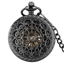 Steampunk Spider Web Pocket Watch Black Mechanical Pendant with Chain Gothic Gif