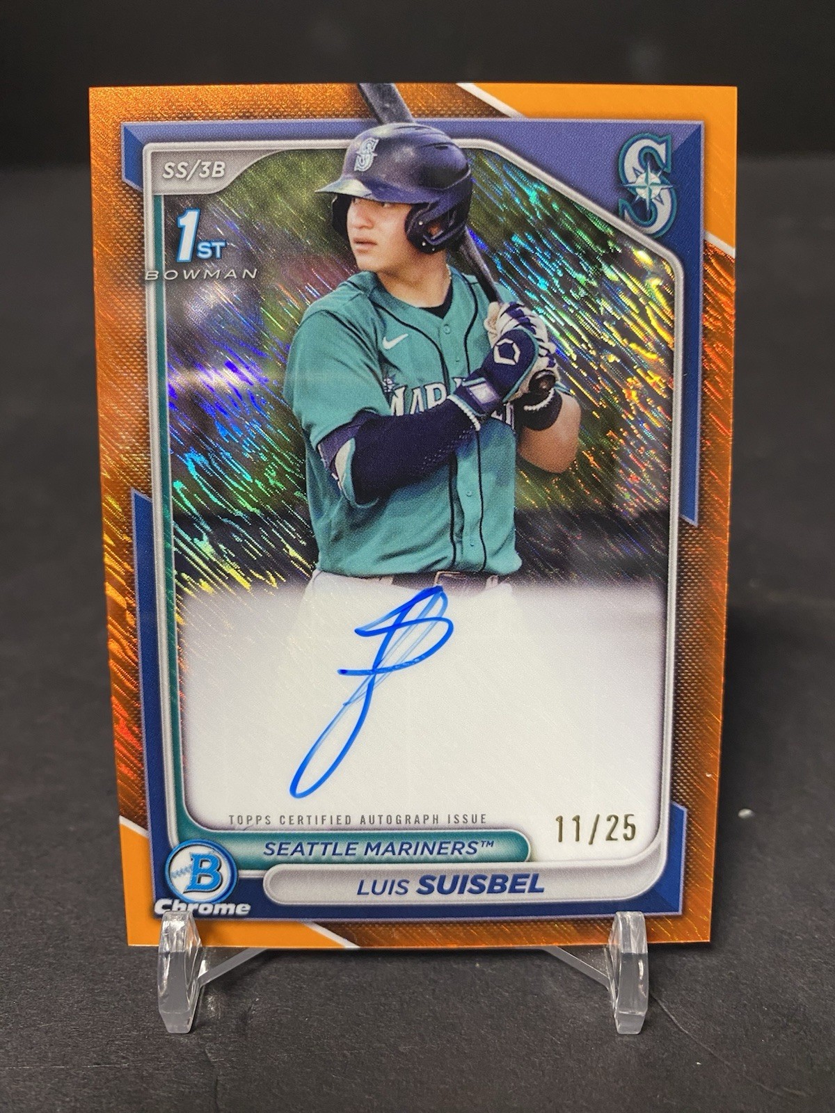 2024 Bowman Chrome Luis Suisbel 1st Orange Shimmer Auto #/25 Seattle Mariners