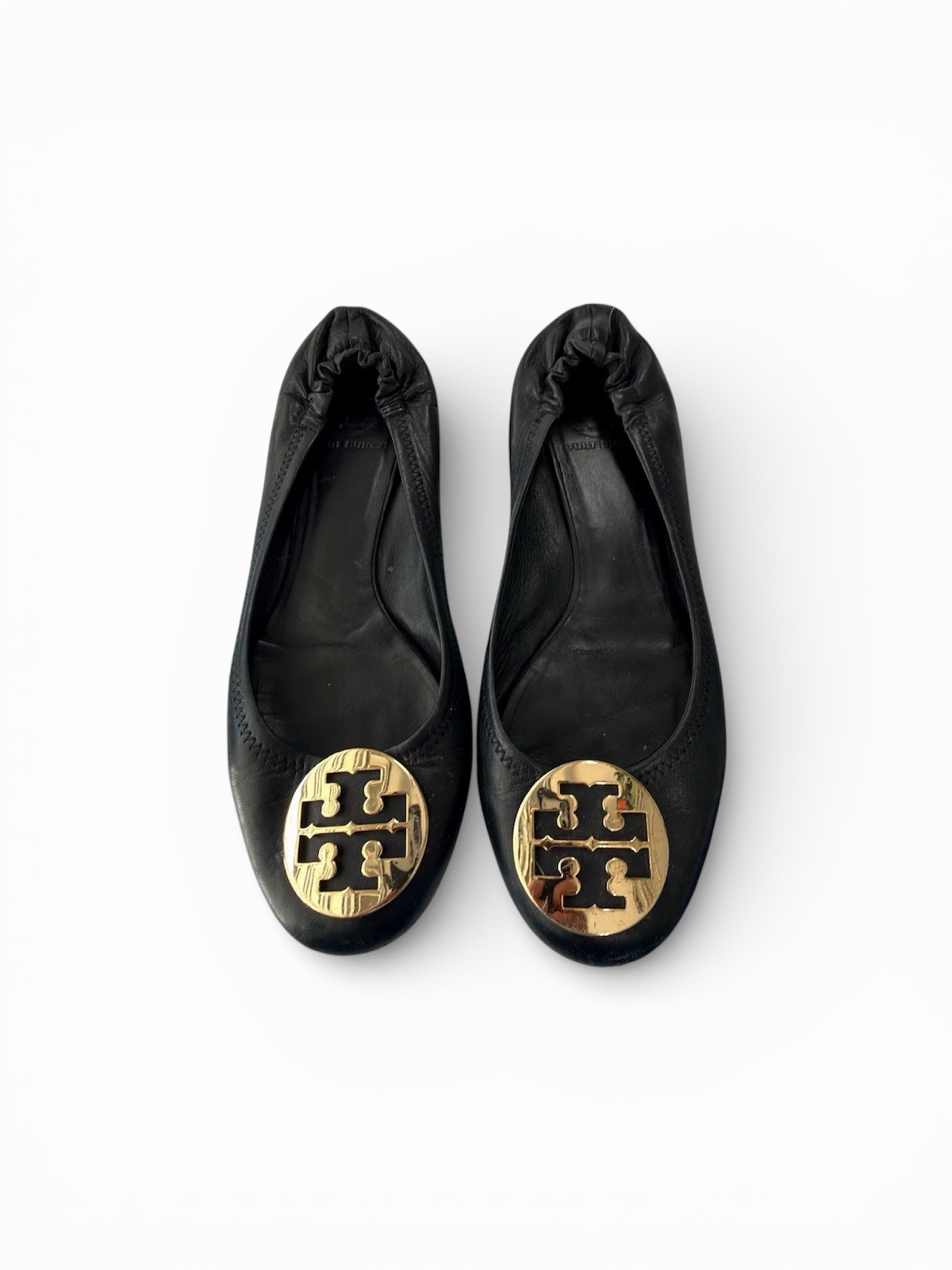 🖤💛 TORY BURCH Minnie Travel Ballet Flats Black Leather Gold Logo 9M thumbnail 4