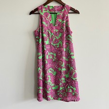 Crown & Ivy Womens Green Pink Paisley Sleeveless Notched V-Neck Shift Dress S