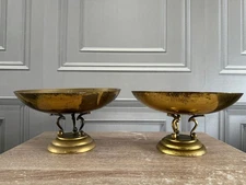 PAIR OF 3X FOOTED ANTIQUE BRASS WILLOW PATTERN FRUIT BOWLS OFFERING