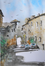 original aquarell france provence stadt straße landschaft auto haus by*thessini*