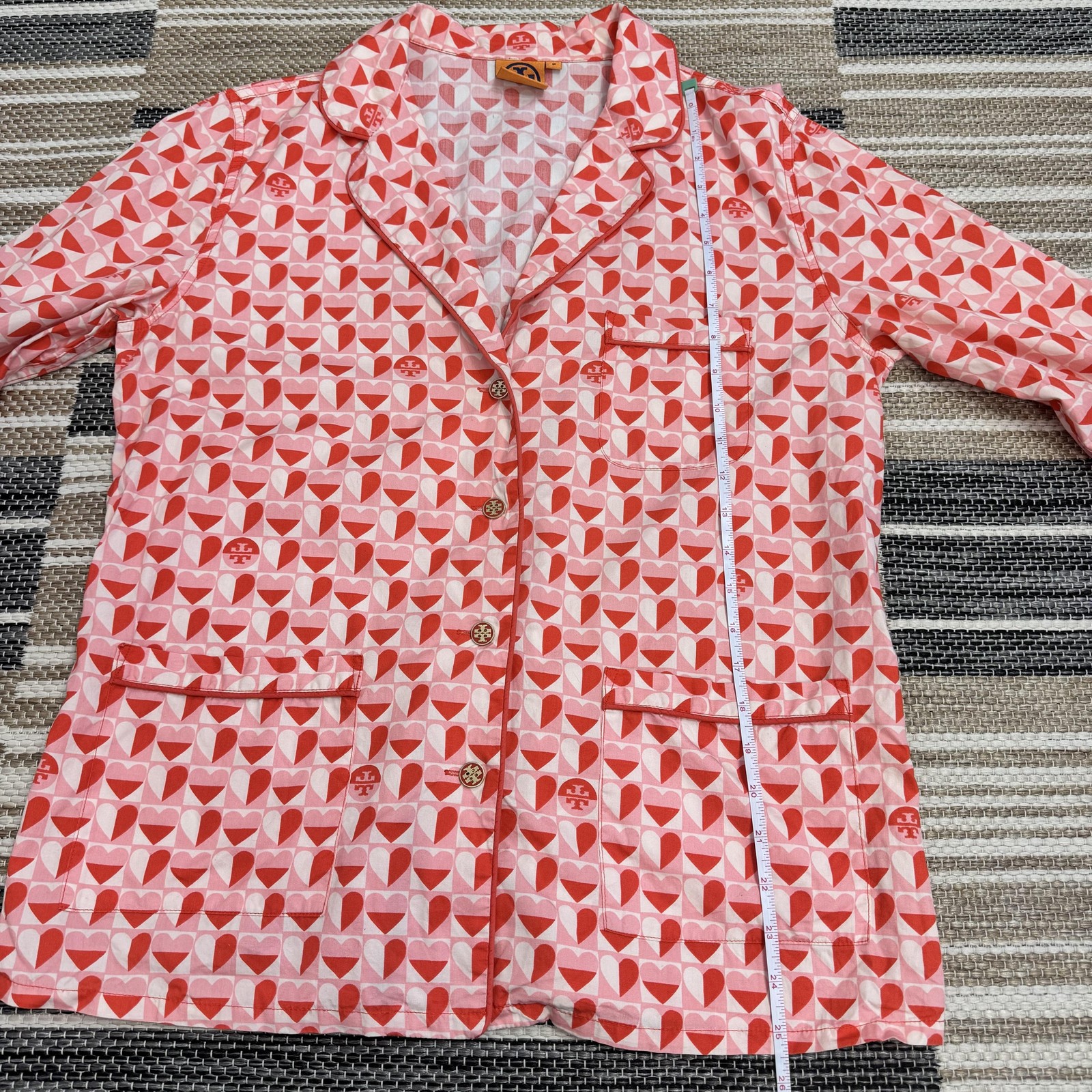 Tory Burch Pajama Top Women's Medium Pink Heart Print Button Front Cotton Logo thumbnail 16