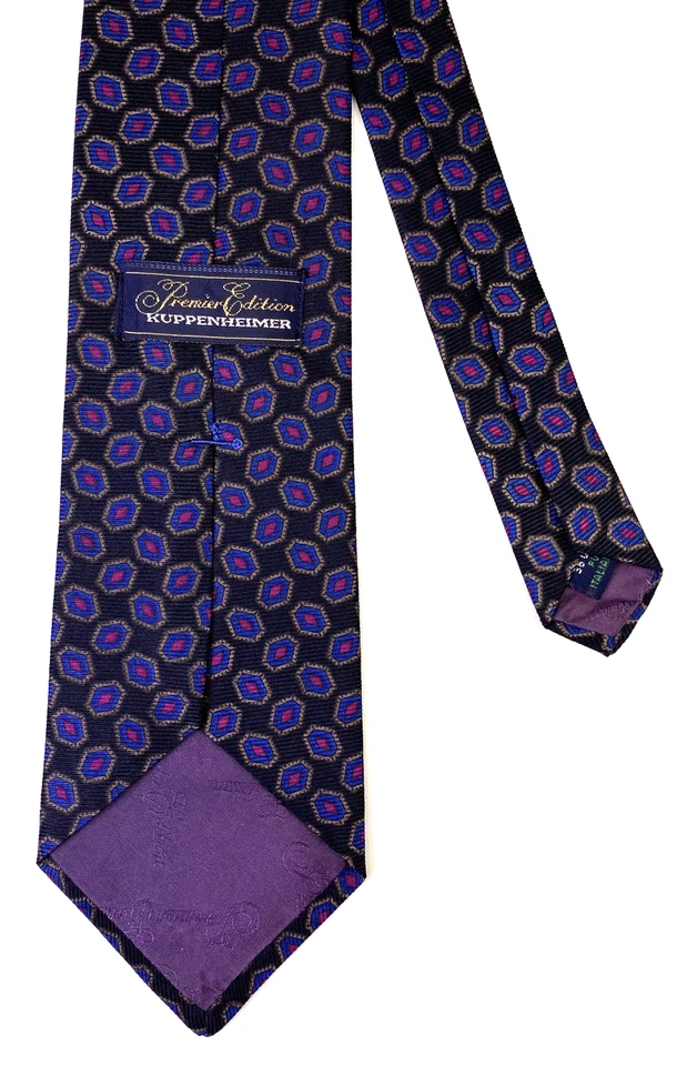 Gravata masculina Kuppenheimer Premier Edition gola de seda preta azul magenta L57" W3.5" - Imagem 3 de 4