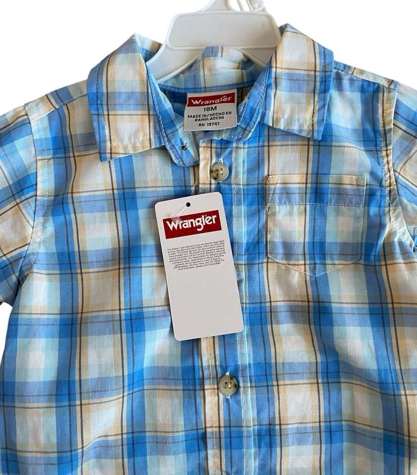 Wrangler Baby Boys 2-Piece Outfit 18M Plaid Shirt & Khaki Shorts NWT - Image 2 of 4