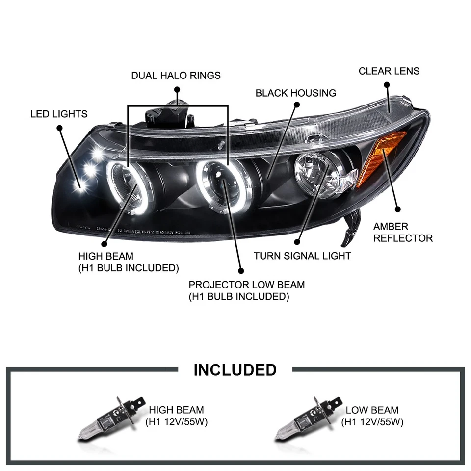 Fits 2006-2011 Honda Civic 2Dr Black LED Halo Projector Headlights+ Tail Lamps Foto 3 de 4