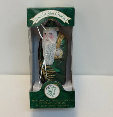 Lauscha Glas Creation Santa Clause Green 5in Christmas Ornament Blown Glass Germ