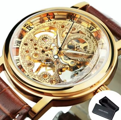 Herren Mechanische Armbanduhr mit Lederarmband Automatikuhr Skelett Uhr