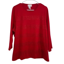 Rebecca Malone Red Long Sleeve Beaded Sparkle Top Blouse Women's XL