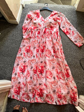 Pink/White Floral V-Neck Long Sleeve Maxi Dress Zip Back Regular S/M