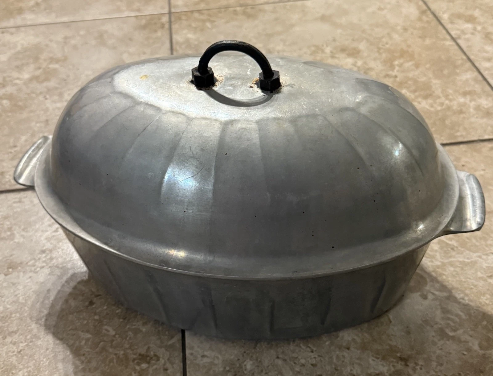 VINTAGE Household institute cooking utensils Aluminum Oval Roaster Pan Lid 13x9”