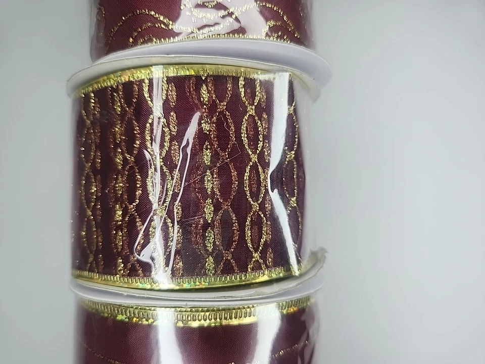 Burgundy Gold Christmas Craft Ribbon 2.5"x 10 Yard wired Lot Of 3 NEW unbranded  - Image 4 of 4