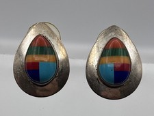 Vtg Native American Sterling Silver Teardrop Earings With Multi Colored Inlay