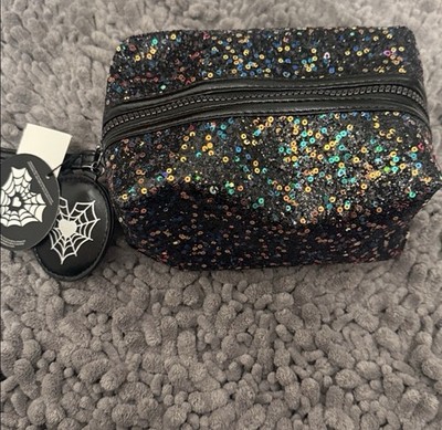Sequin Makeup Bag Black Multicolor with Zipper and Mirror
