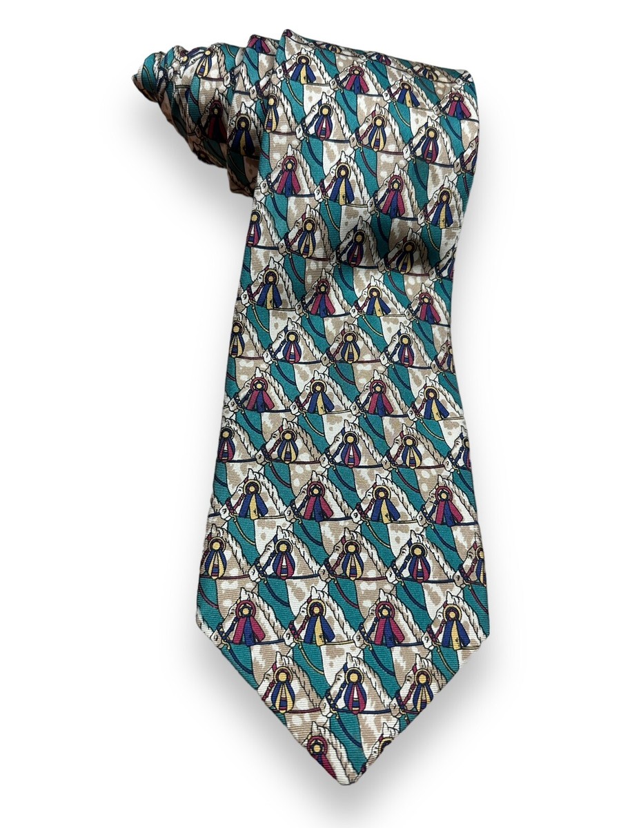 Vtg Burberrys Best in Show Ribbon Horses Green Silk Neck Tie Made in England
