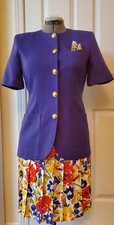 VTG Kasper ASL 2PC Purple Floral Chiffon Pleated Skirt Suit Short Sleeve Size 6