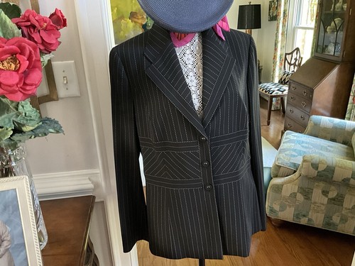 Escada Women Black Pinstripe 3 Buttons Lined Long Sleeves Jacket Size 12