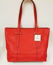 NEW FOSSIL FELICITY REAL RED PEBBLED LEATHER,GOLD BRASS TONE ZIP, TOTE,HAND BAG