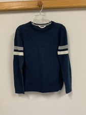 H M Girls Navy Blue Cotton Pullover Sweater White Gray Sleeve Stripes Size 8-10