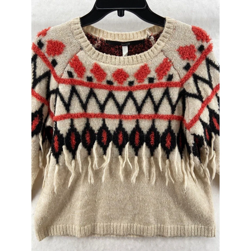 Suéter Kensie Mujer Talla M Beige Borlas Naranja Azteca Suroeste Mangas Largas Foto 3 de 4