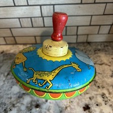 Antique Child  s Tin Toy Spinning Top 1950  s Circus Design