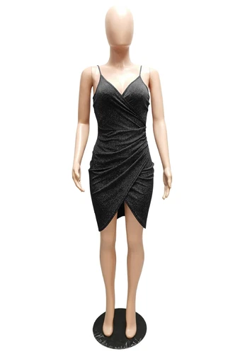 Women's V-neck Glitter Pleated Asymmetric Sheath Spaghetti Slip Dress Clubwear- - Bild 8 von 23