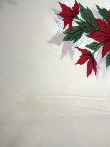 Vintage Christmas Tablecloth 1950s Poinsettia Candles Holly Holiday 66" Round - Picture 14 of 14