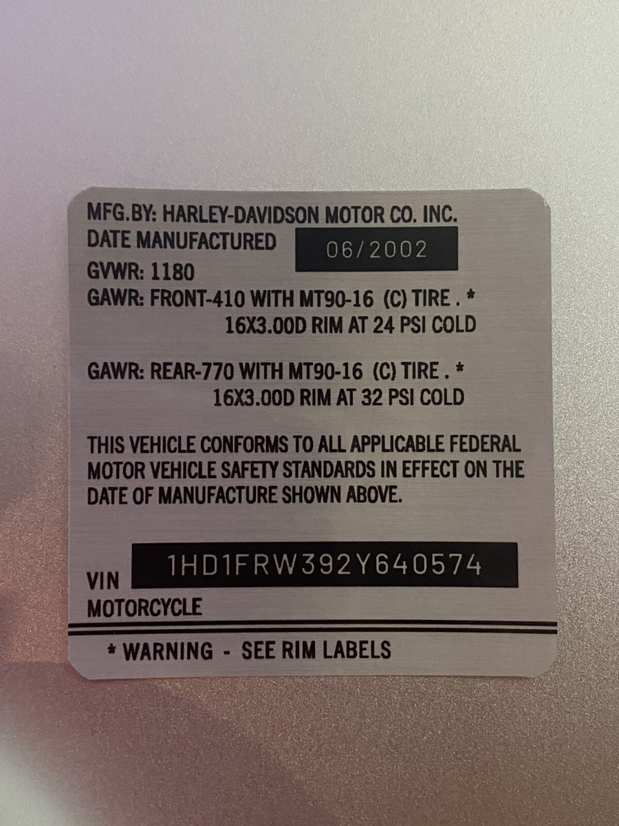 Frame ID Tag UV resist Vinyl Harley VIN # Printed Part Shovelhead