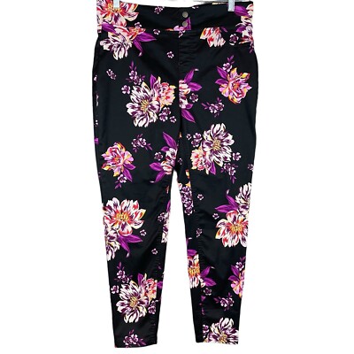 Terra Sky Hi-Rise Pull On Ankle Pants Women’s 14W Black Floral Back  Pockets