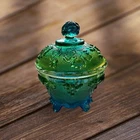 Vintage Jeanette Green Blue Glass Footed Bowl Candy Dish Grapes & Leaves Design