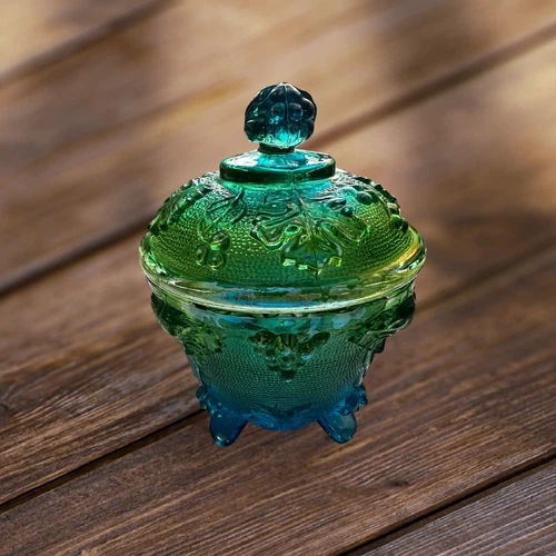 Vintage Jeanette Green Blue Glass Footed Bowl Candy Dish Grapes & Leaves Design