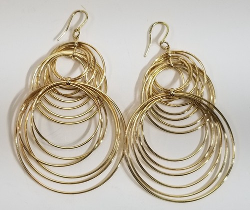 Wire Circles Gold Tone Metal Dangle Pierced Earrings Triple Layers - Picture 4 of 6