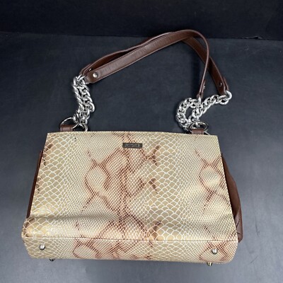 Miche White Pink Faux Snakeskin Cover Brown Bag Double Handle Chain Handbag