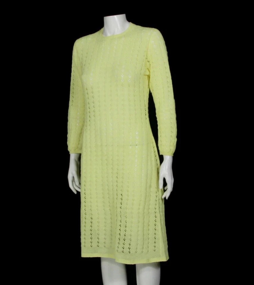 Vestido de sol vintage años 70 tejido ganchillo amarillo neón peekaboo manga larga mod talla M 852 Foto 2 de 4