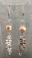 Artisan Silver Leaf, Pearl  Light Blue Glass Bead Pierced Earrings U.S.A. Made