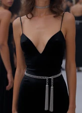 Sexy Women Hip Waist Silver Metal Chain Narrow Belt Fringes Tassel Buckle XS S M