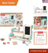 Wood Pretend Play Coffee Shop  Toy Register, 20-Piece Wooden Food Playset fo...