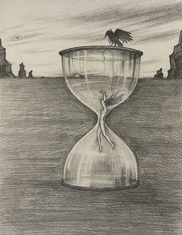 Original Drawing Ryta Woman Sand Clock Crow Landscape mountain surrealism art