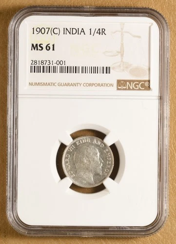 1907 C India 1/4 Rupee NGC MS61