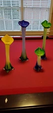 Vintage Calla Lily Tulip Yellow Blue Green Hand-Blown Art Glass Vase Set of 4