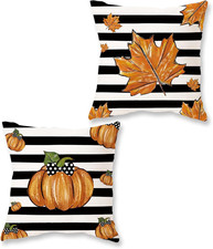 Fall Pumpkin Throw Pillow Covers 18X18 Inch Set of 2 Autumn Stripe Maple Farmhou