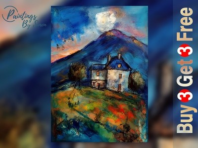 Cottage Mountain 5''x7'' Druck auf mattem Papier | Stimmungsvolle blaue Landschaft Wandkunst