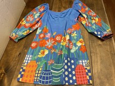 Farm Rio Soft Garden Linen Blend Puff Sleeve Mini Dress Floral Blue Size XS