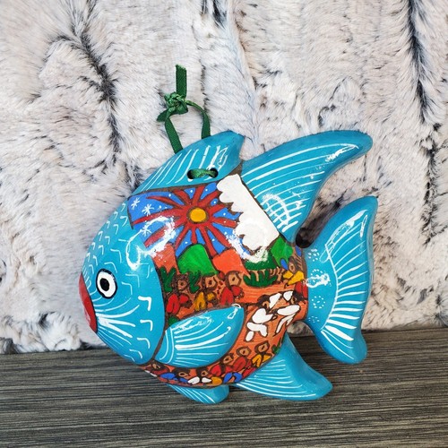Mexican Talavera Pottery Fish Wall Plaque Teal Fins - Painted Villagers Scene
