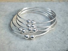 Set Of 5 Silver Ball Adjustable Bangle Solid 925 Sterling Silver For Gift V222