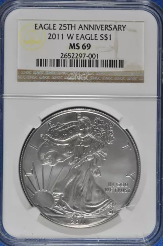 2011 W Burnished 1 OZ Silver American Eagle NGC MS 69 25th Anniversary 