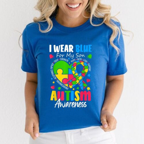 I Wear Blue For my son Autism Awareness men women kids mom T-Shirt - Picture 23 of 23