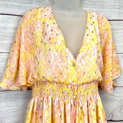 House of Harlow Yellow Pink Floral Metallic Button Front Maxi Dress Size M  | eBay