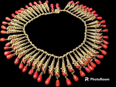 SUPERB early Miriam Haskell filigree and red art glass collar necklace (NK2113)